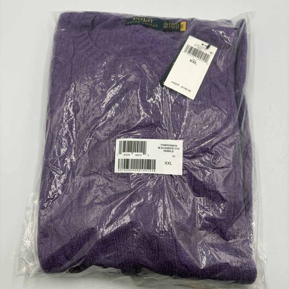 Men's Ralph Lauren Polo Lavender Wool Cashmere Blend Cable Knit Sweater‎ XXL Nib
